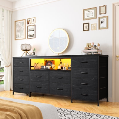 Media Chest Twelve Drawers Fabric Textured LED Lit Shelf Modern Glam