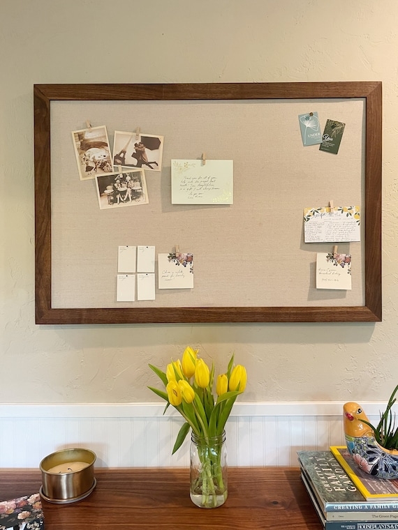 Memo Board Linen Fabric, Walnut Toned Frame with Clothespin Display