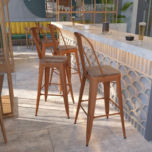 Metal Bar Stool with Slatted Open Back and Wood-Toned Seat