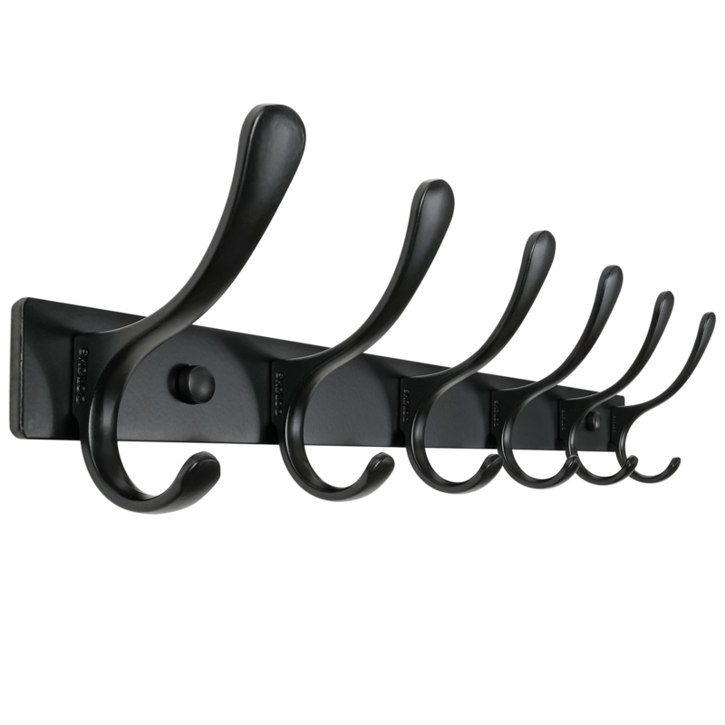 Metal Coat Rack Matte Black Six Dual Hooks Rounded Tips Modern Minimalist