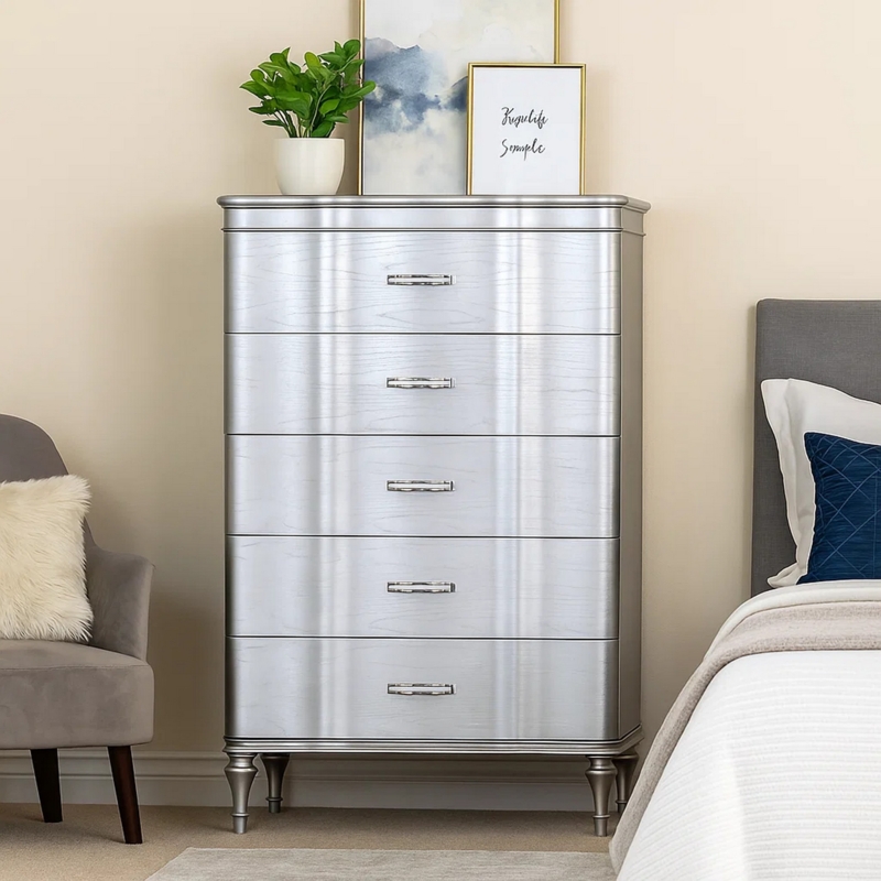 Metallic Chest of Drawers with Brushed Wood Grain and Turned Legs
