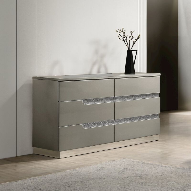 Metallic Gray Dresser with Shimmering Horizontal Inlay and Chrome Base