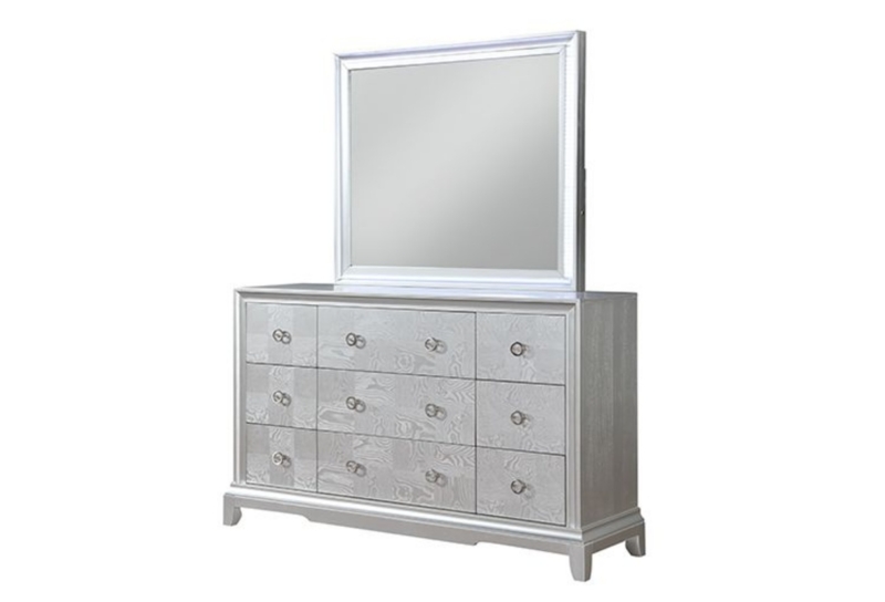 Metallic Nine Drawer Dresser with Textured Fronts and Matching Mirror