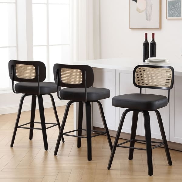 Mid Century Bar Stool Rattan Cane Back Black Bentwood Swivel