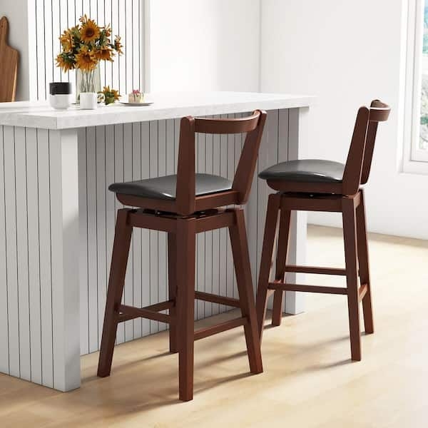 Mid-Century Bar Stool Walnut Finish Swivel Seat Low Backrest Black