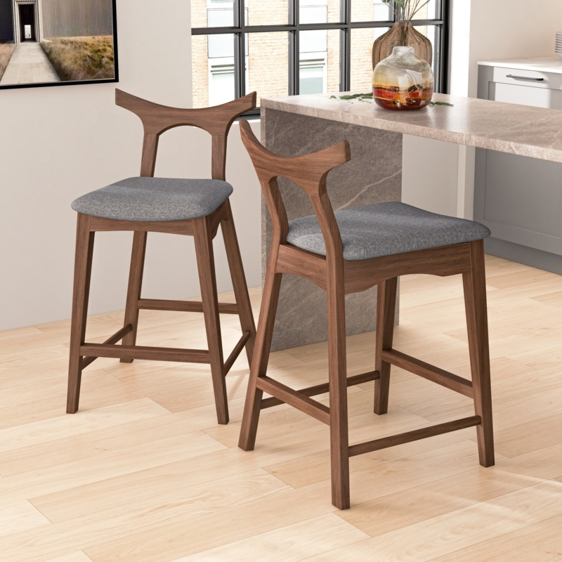 Mid-Century Bar Stools with Sculptural Back and Walnut Finish