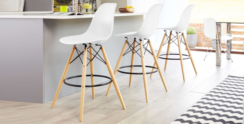 Mid Century Counter Stool Molded Bucket Seat with Eiffel Base Wood Legs