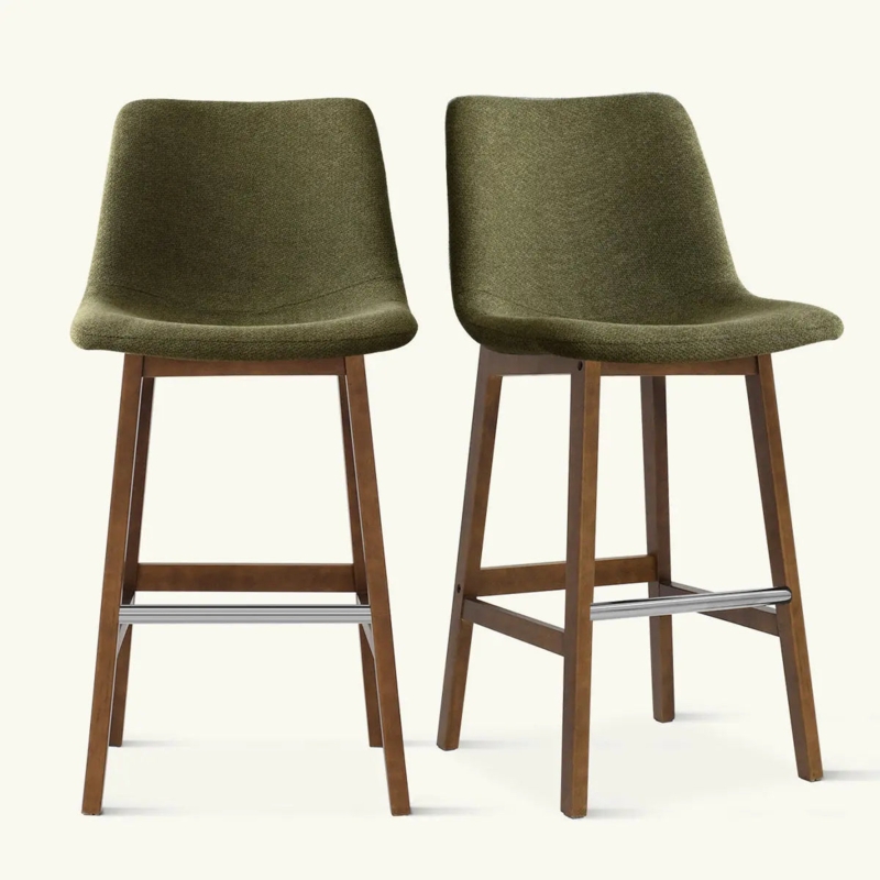 Mid-Century Counter Stool Olive Green Scoop Back Tapered Wood Legs