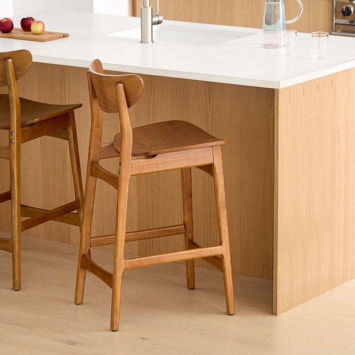 Mid-Century Counter Stools Curved Wing Back Wood Tapered