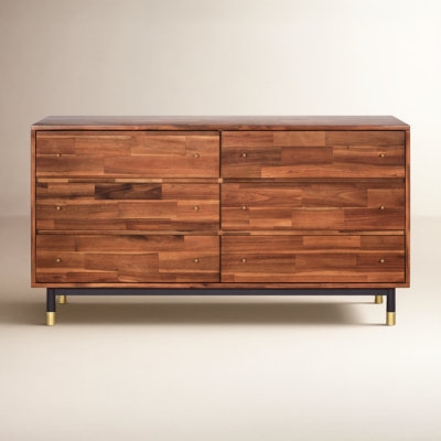 Mid-Century Double Dresser with Planked Facade and Gold Capped Legs