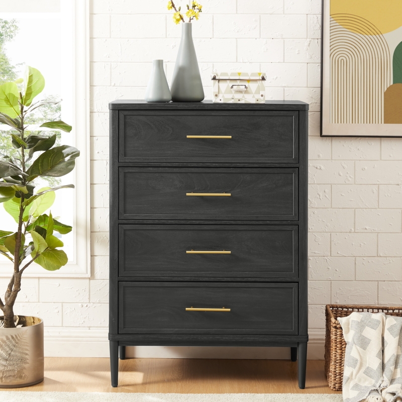 Mid Century Dresser 4 Drawer Gold Bar Pulls Dark Finish
