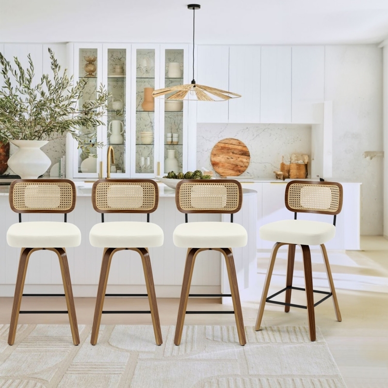 Mid-Century Modern Bar Stools Cane Back Bentwood Legs Swivel Base