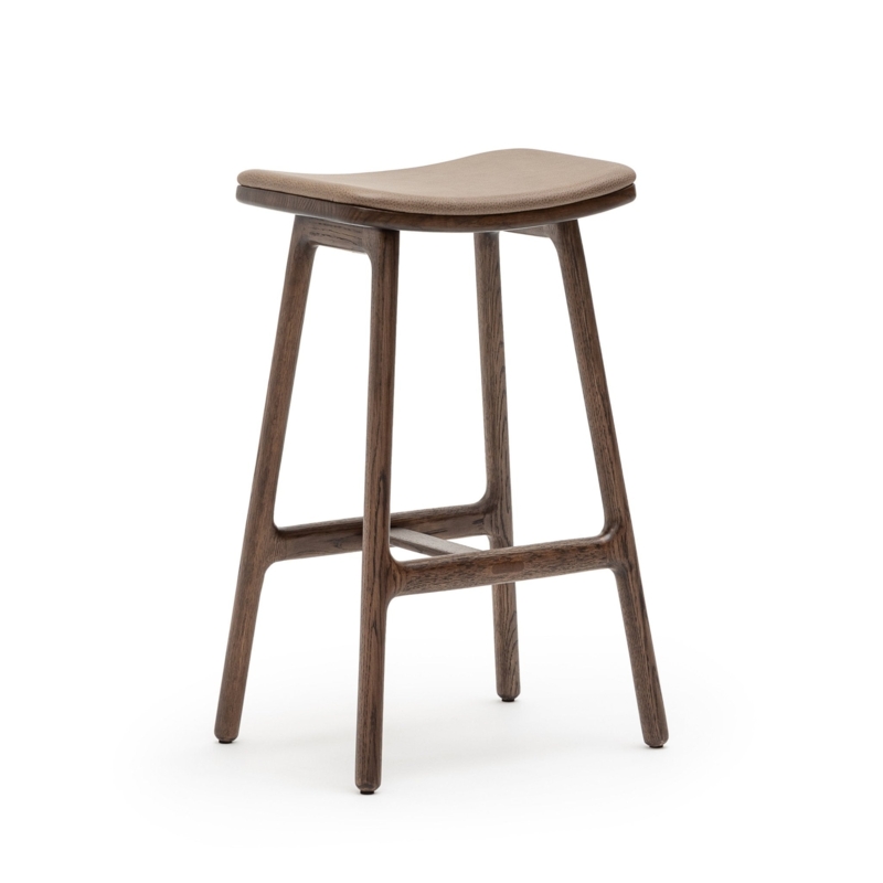 Mid-Century Modern Counter Stool with Brown Leather Saddle Seat