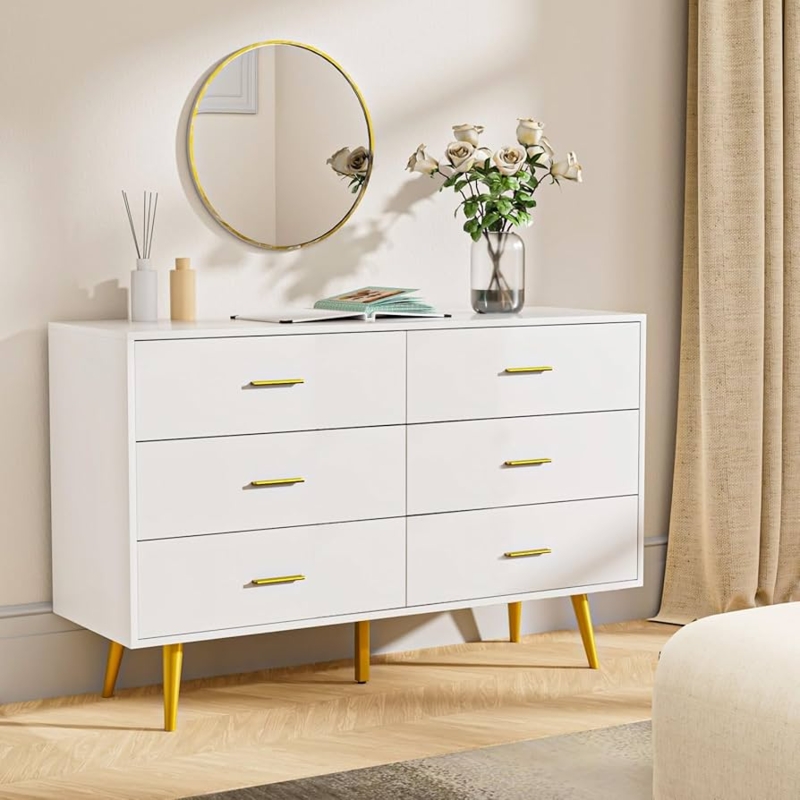 Mid-Century Modern Double Dresser: White with Wide Surface Top (71 chars)