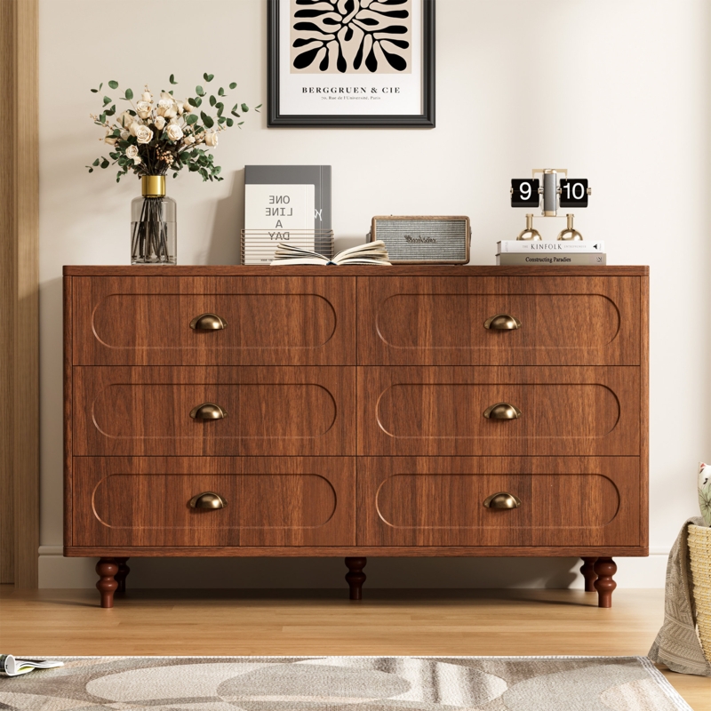 Mid-Century Modern Dresser: Walnut Finish with Brass Cup Pulls (73 chars)