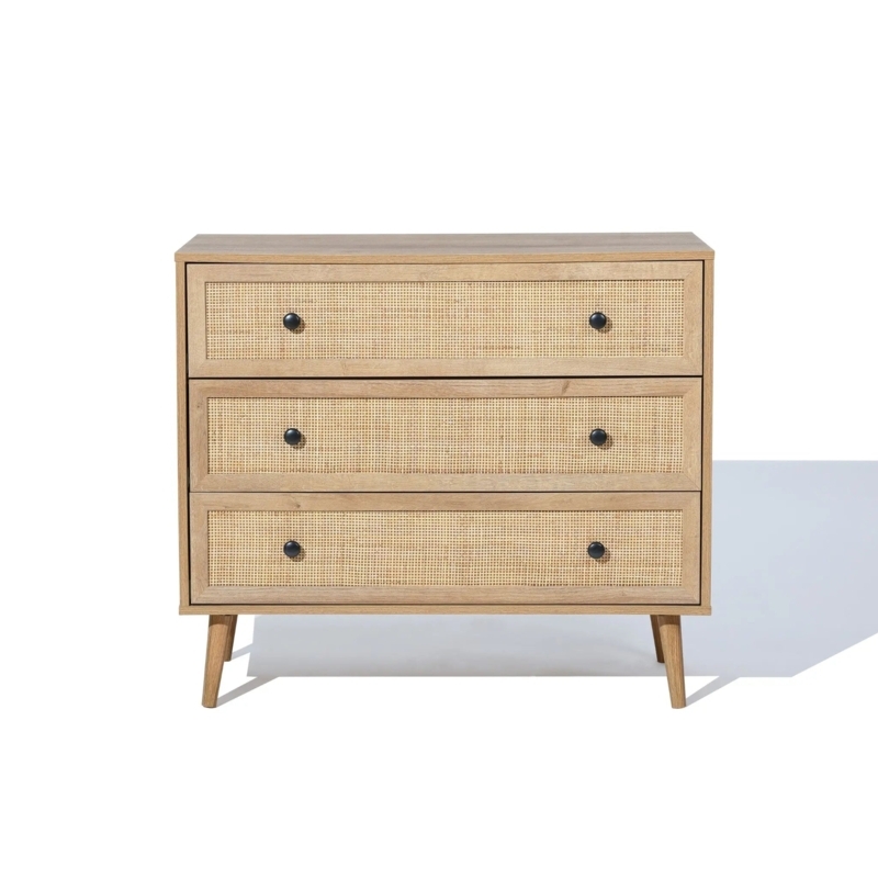 Mid-Century Modern Dresser with Black Hardware and Rattan