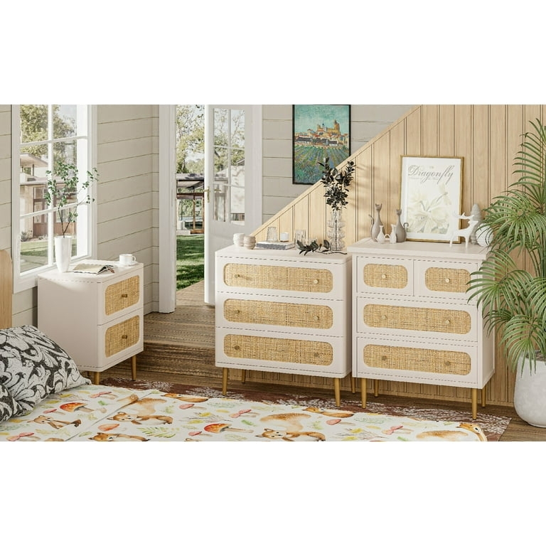 Mid-Century Modern Dresser with Rattan Fronts and Gold Legs
