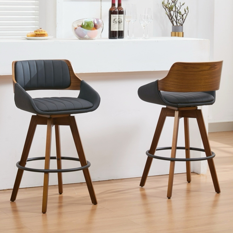 Mid-Century Modern Swivel Bar Stool with Walnut Bentwood Shell