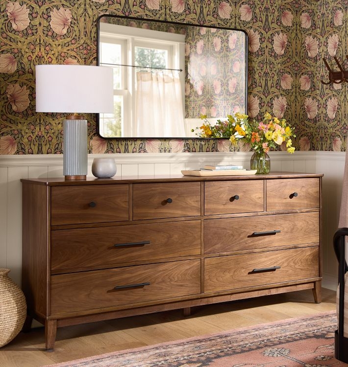 Mid-Century Modern Walnut Dresser with Mixed Hardware and Tapered Legs