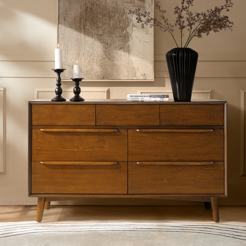 Mid-Century Modern Warm Brown Wood Dresser with Tapered Legs