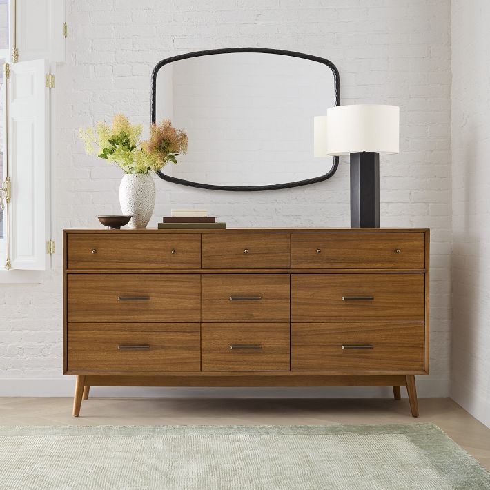 Mid Century Nine Drawer Dresser Warm Acorn Finish Mixed Hardware