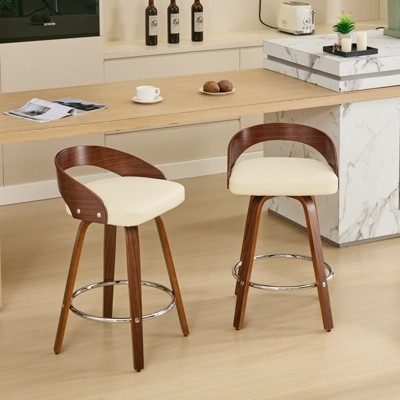 Mid-Century Swivel Bar Stools Bentwood Back Walnut Cream