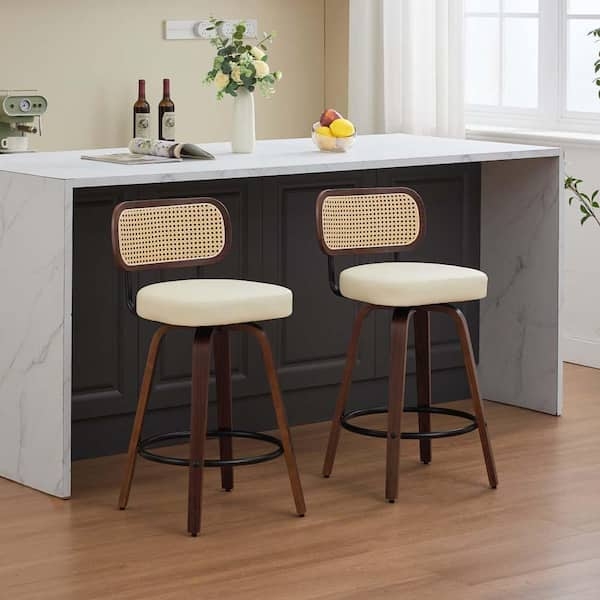 Mid-Century Swivel Bar Stools with Cane Backrest and Cream Upholstery