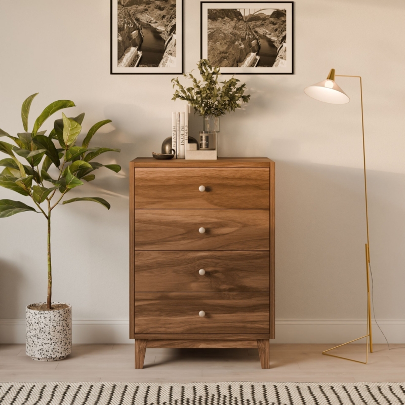 Mid-Century Walnut 4-Drawer Chest with Tapered Legs