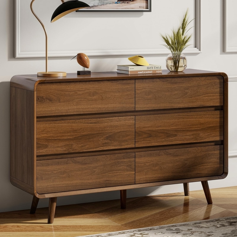 Mid Century Walnut Dresser Recessed Pulls and Center Support Leg