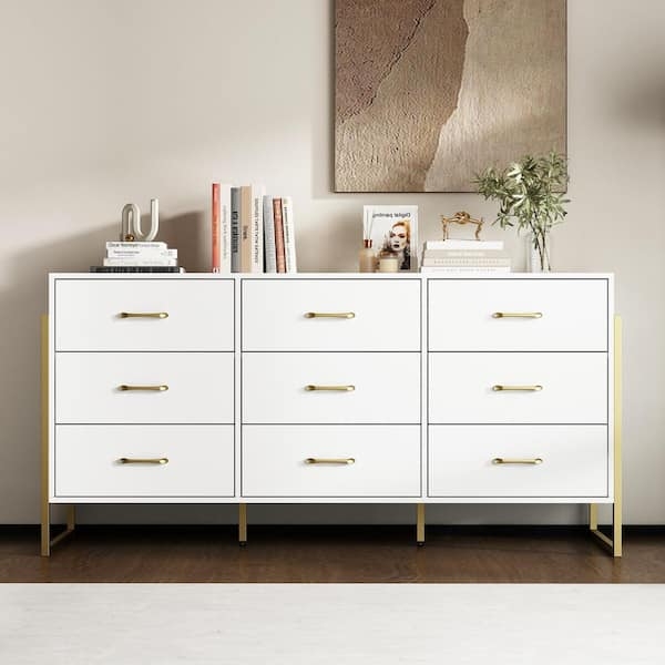 Minimalist 9-Drawer Dresser Grid Layout with Gold Metal Base (71 chars)