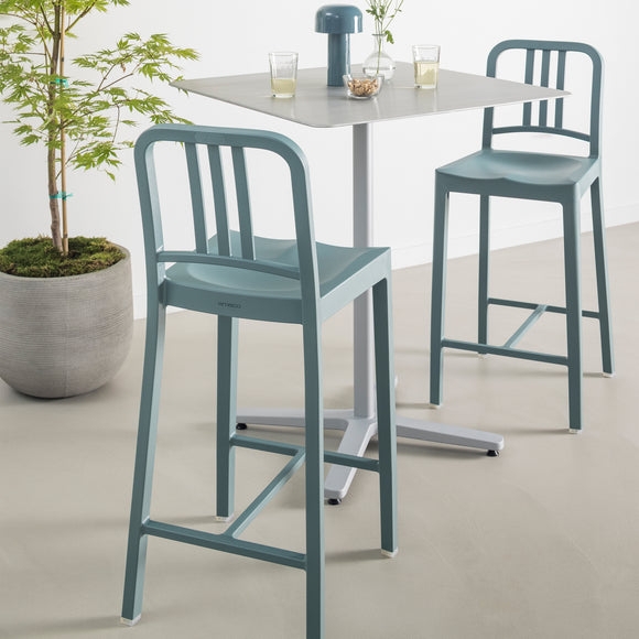 Minimalist Bar Stool with Slat Back and Pedestal Base in Slate Blue