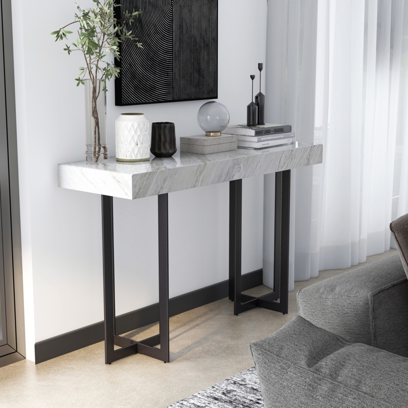 Minimalist Black Metal Sofa Table Thick Faux Marble Top