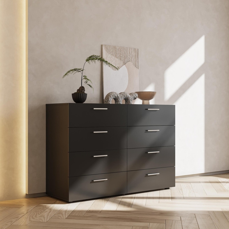 Minimalist Charcoal Gray Double Dresser with Slim Silver Pulls
