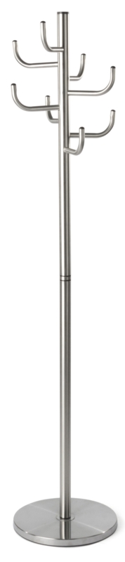 Minimalist Coat Rack, Brushed Silver, Eight Staggered Curved Hooks