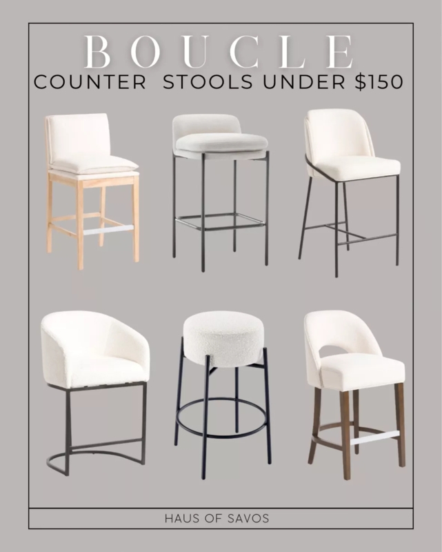 Minimalist Counter Stool Collection: White Bouclé, Mixed Materials