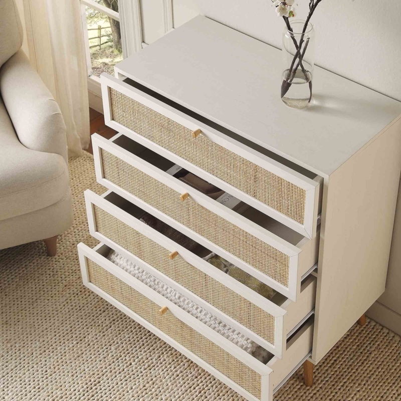 Minimalist Four-Drawer Dresser with Woven Rattan Panels
