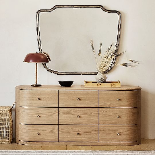 Minimalist Nine Drawer Double Dresser: Rounded Ends and Natural Finish