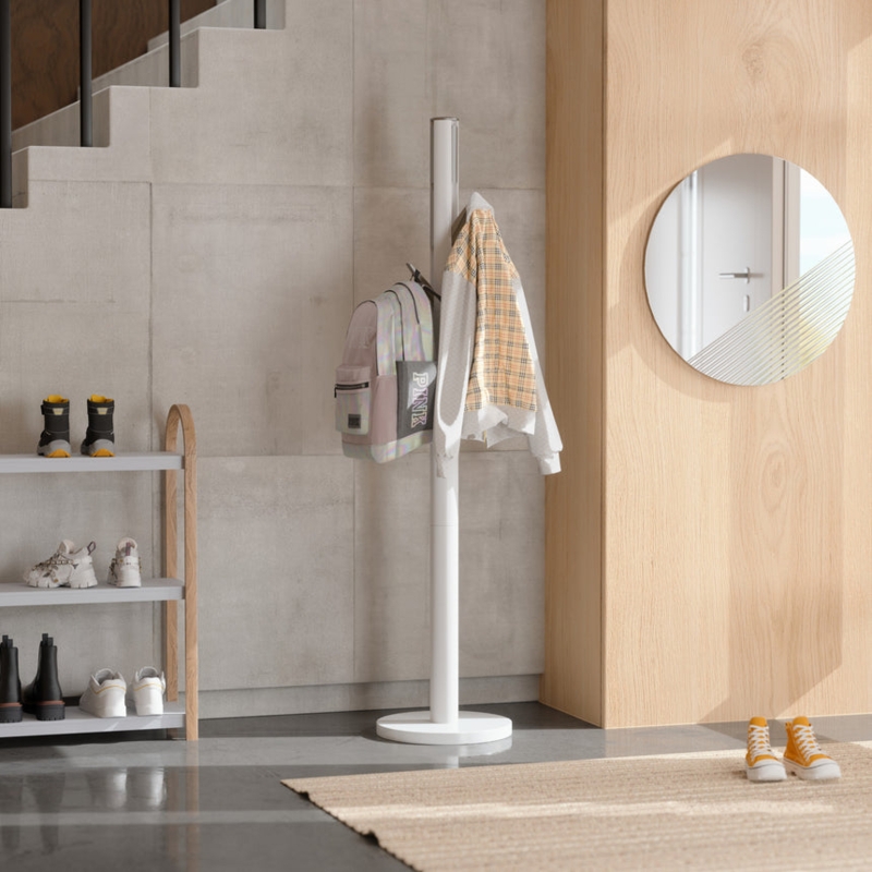 Minimalist Pillar Coat Rack Stand with Retractable Flip-Down Hooks.