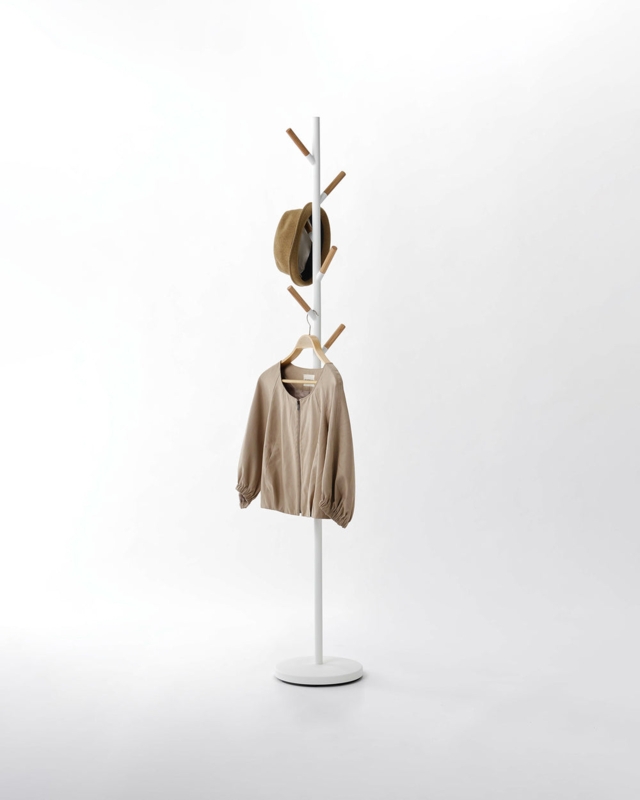 Minimalist Scandinavian Coat Rack, White Steel with Wood Toned Pegs