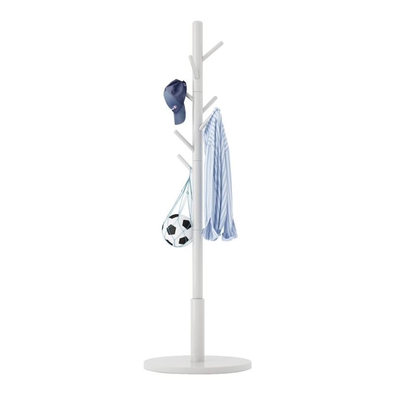 Minimalist White Coat Rack with Eight Angled Pegs and Round Base.