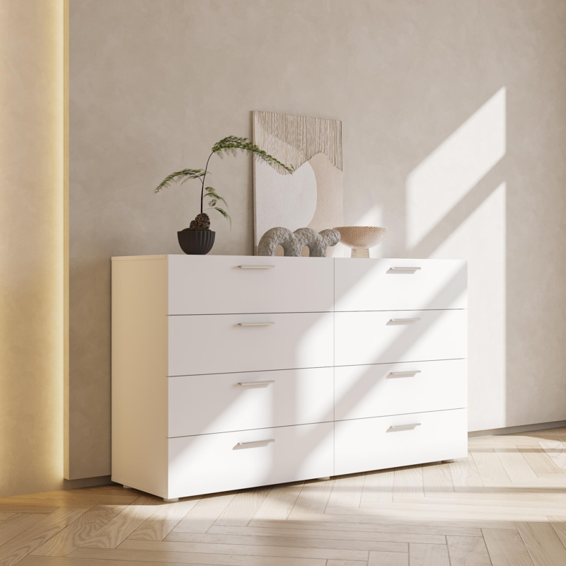 Minimalist White Double Dresser with Slim Silver Handles