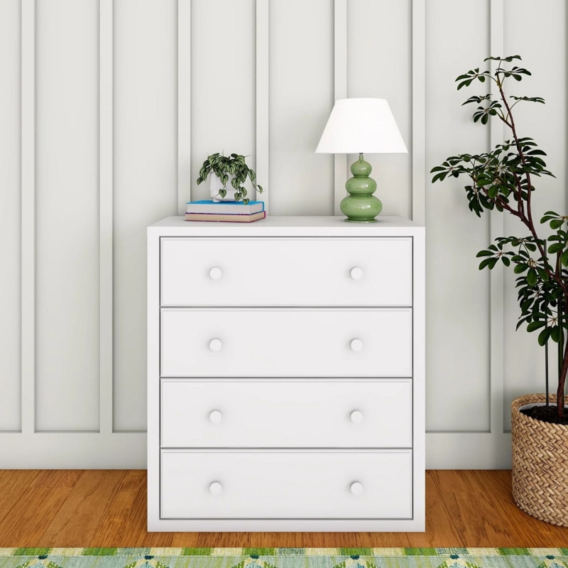 Minimalist White Dresser with Inset Drawers and Round Knobs