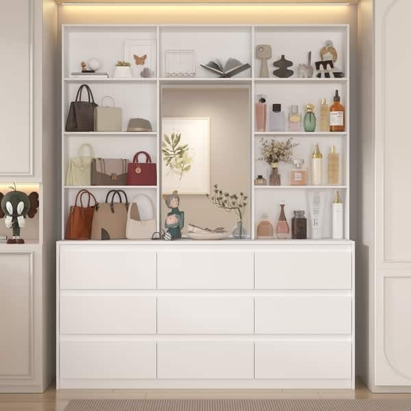 Minimalist White Dresser with Integrated Hutch and Handleless Design