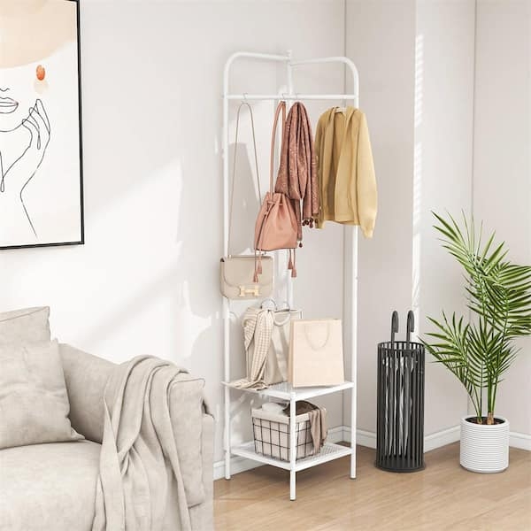 Minimalist White Metal Corner Hall Tree with Mesh Shelves.