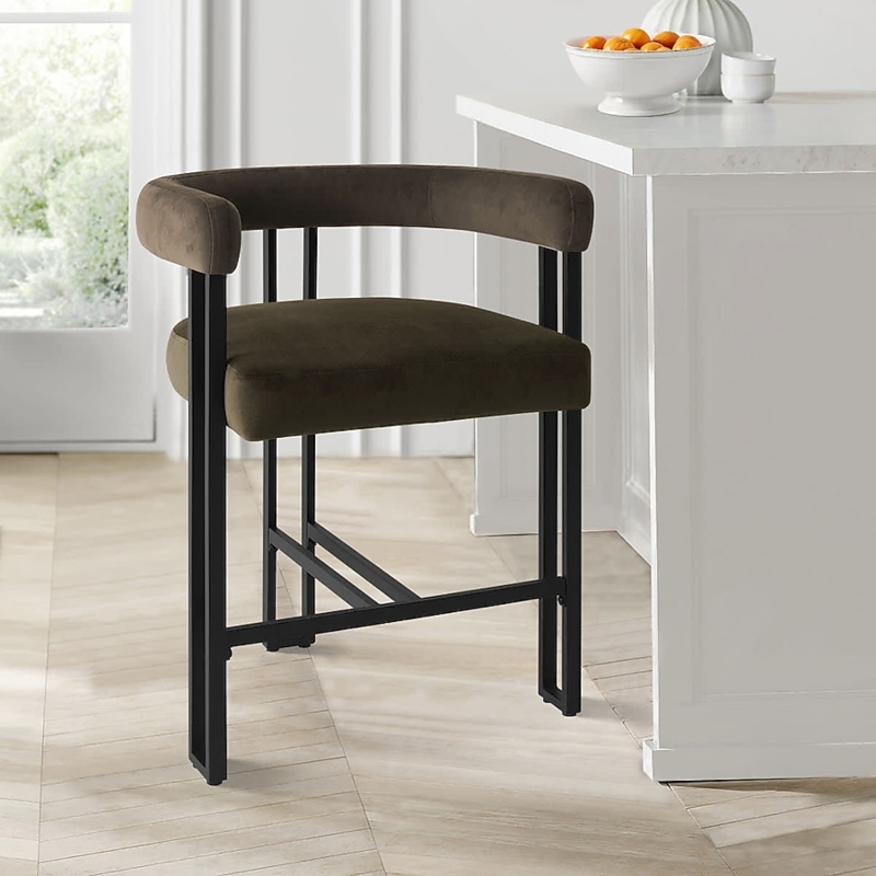 Mink Velvet Counter Stool Wraparound Back Black Metal Frame