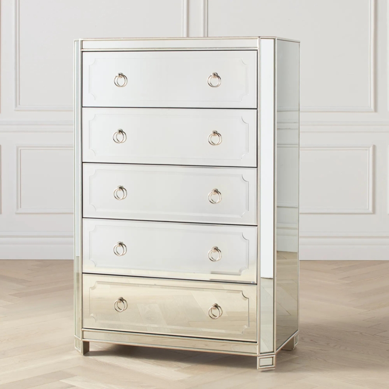 Mirrored Chest of Drawers with Dual Ring Pulls and Champagne Trim