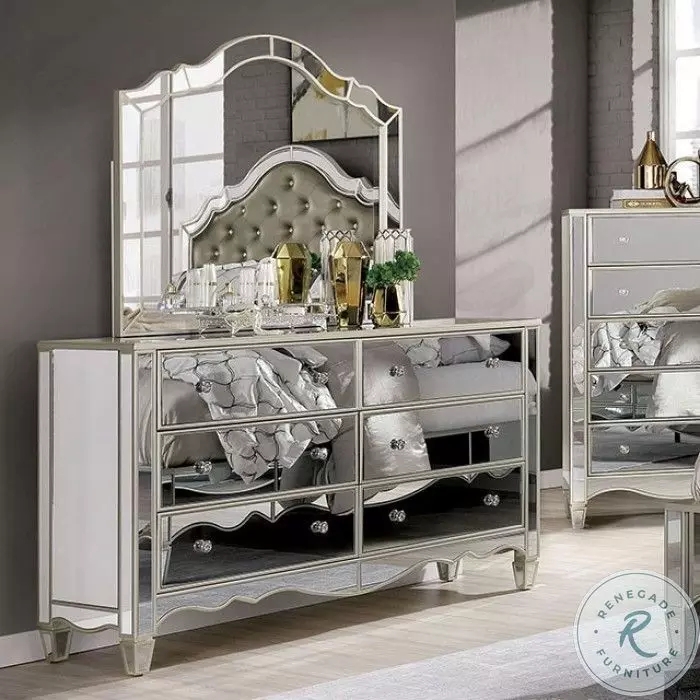 Mirrored Dresser with Arched Mirror Frame and Polished Silver Trim