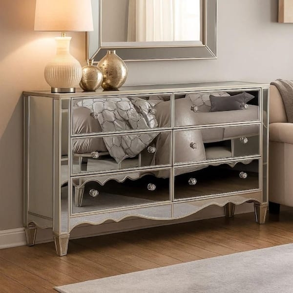 Mirrored Dresser with Scalloped Base and Faceted Crystal Knobs