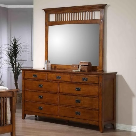 Mission Style Bedroom Dresser Set: Slat Mirror & Dark Cup Pulls