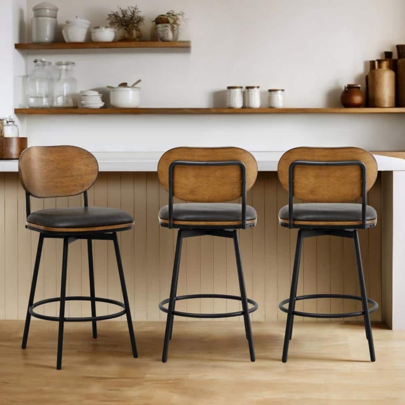 Mixed Material Bar Stool: Industrial Swivel with Wood Toned Back